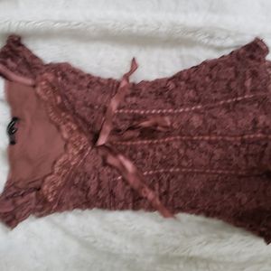 Anthropologie, ann ferriday, mocha pink/brown, lined, lace, stretch top
